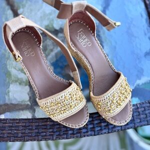 Franco Sarto Tan and Gold Espadrille Sandals
